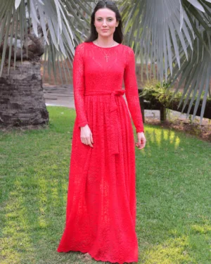 Vestido Renda Saia Franzida - Vermelho