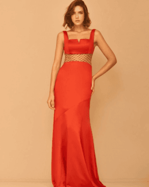 VESTIDO LONGO COM DECOTE E TULE NA CINTURA