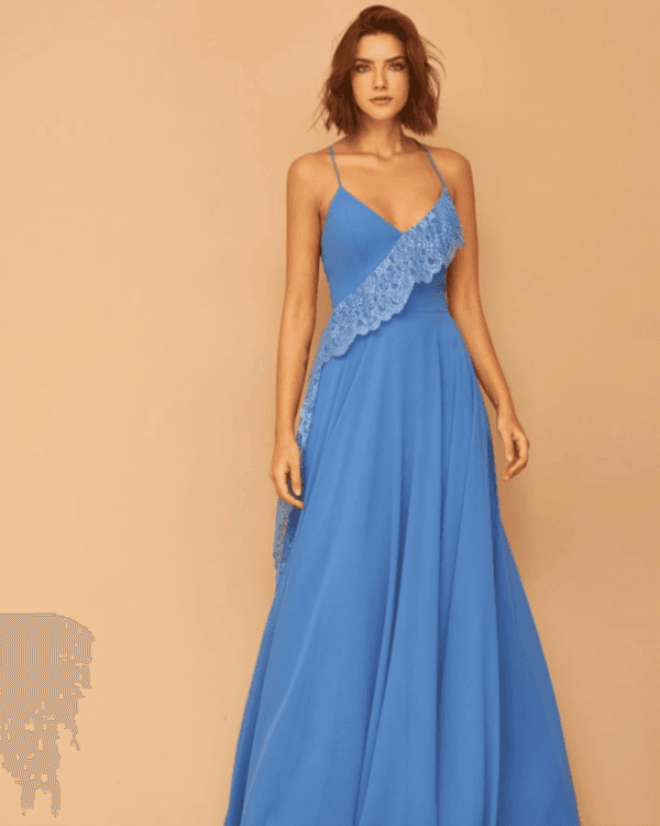 VESTIDO LONGO COM RENDA BABADO FRENTE